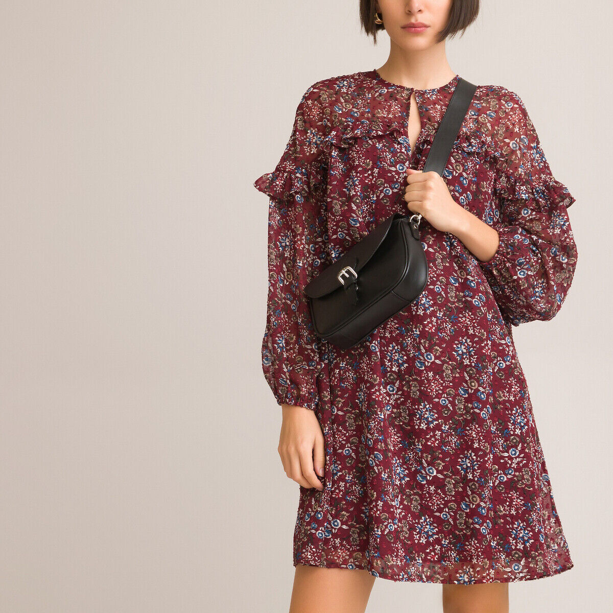 La Redoute Collections Vestido evasé curto, detalhe folho   estampado flores fundo bordeaux