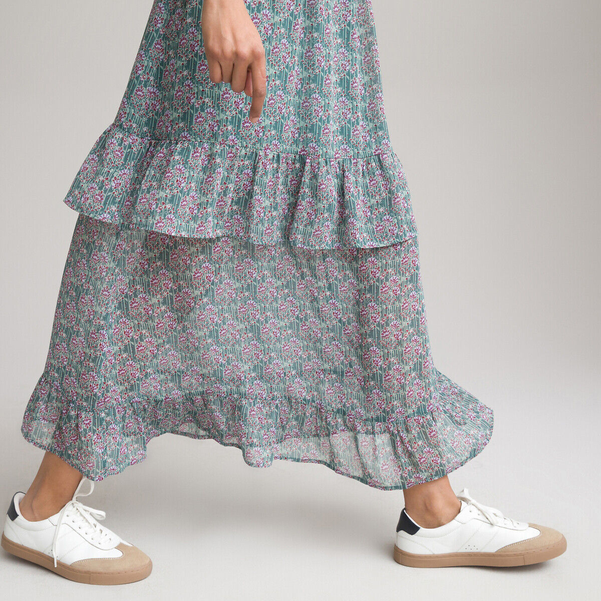 La Redoute Collections Saia comprida com folhos, estampada às flores, em voile   estampado fundo verde