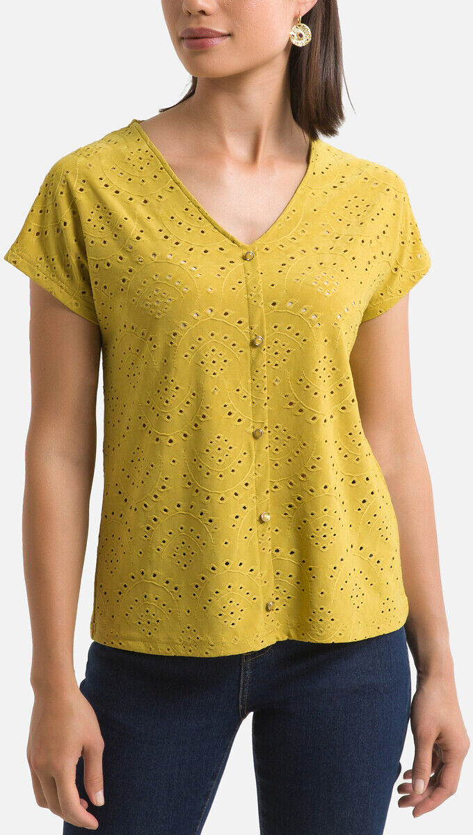 Anne Weyburn Blusa em malha ajurada, decote em V, mangas curtas   Amarelo Cominho