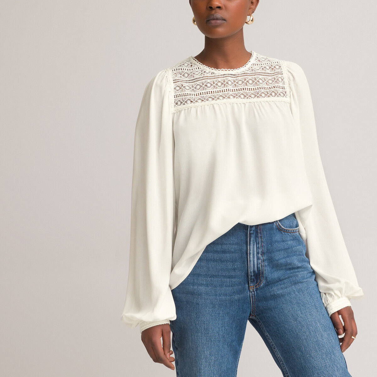 La Redoute Collections Blusa de gola redonda, mangas compridas   Marfim