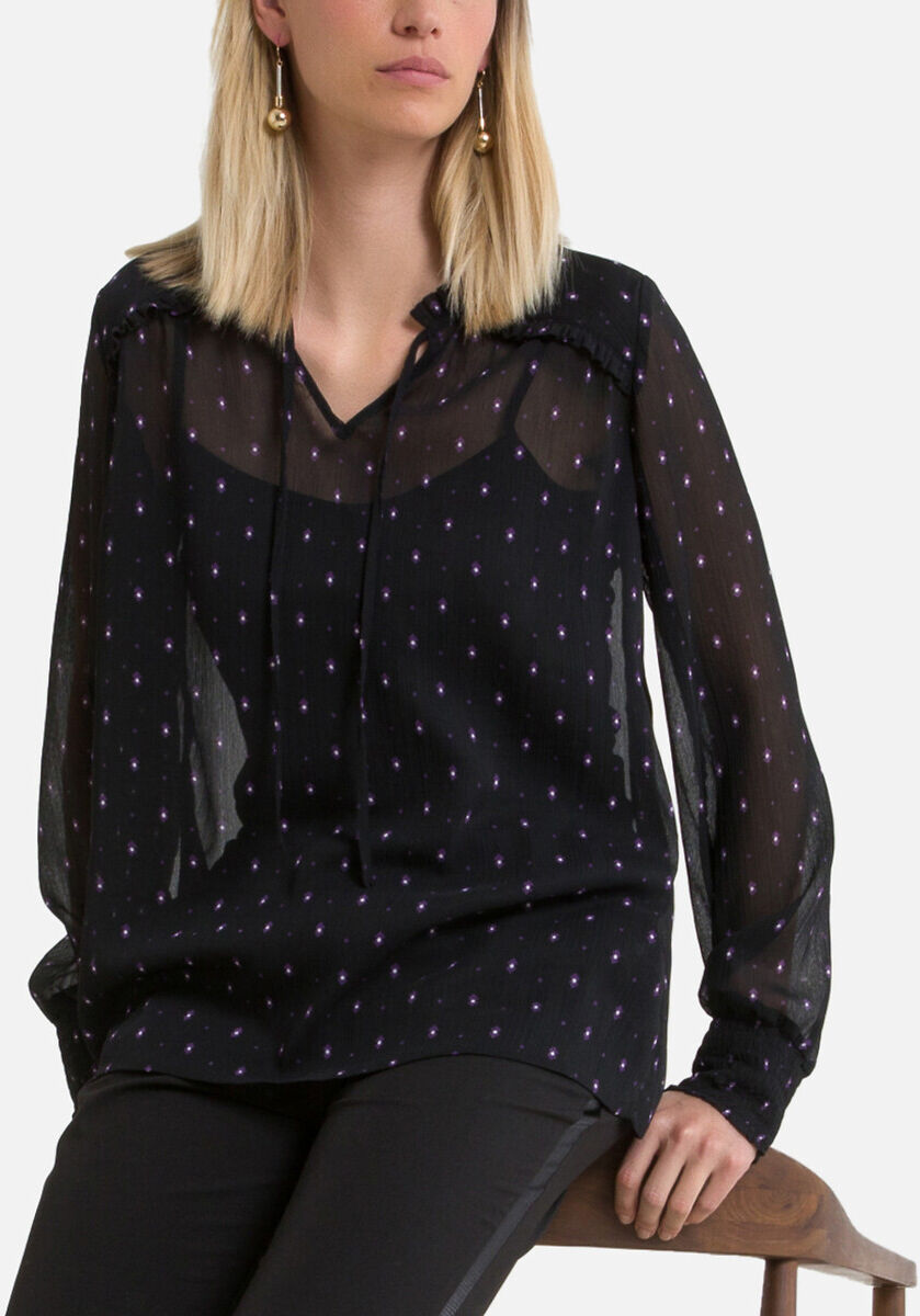 Anne Weyburn Blusa com decote em V, estampado gráfico, mangas compridas   estampado fundo preto