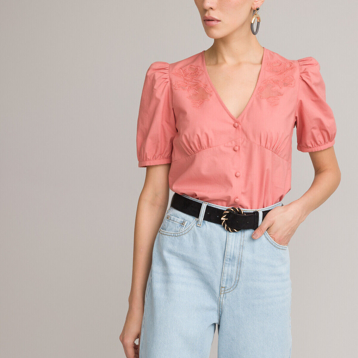La Redoute Collections Camisa com decote em V, detalhes bordados   rosa