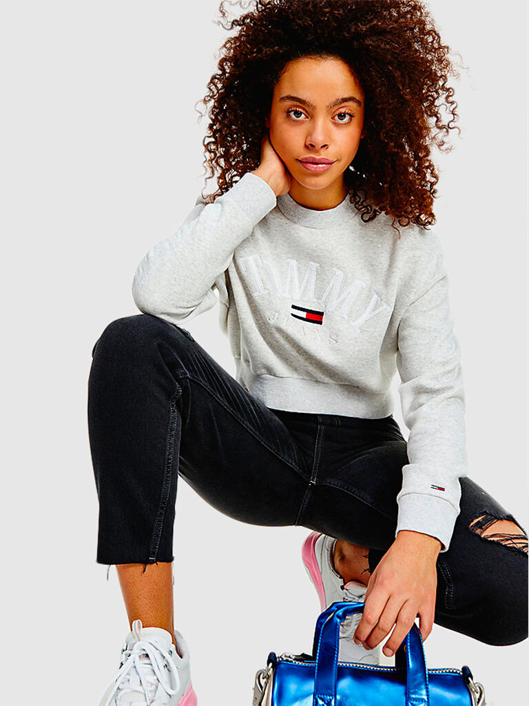 Tommy Jeans Sweatshirt Mulher Crop College Tommy Jeans Cinza