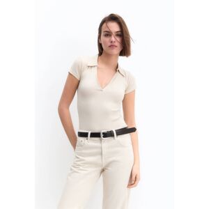 Pull&Bear Short Sleeve Polo Shirt Bodysuit (Size: XS) Beige female