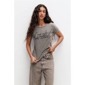 Pull&Bear Short-Sleeved Slogan T-Shirt (Size: XS) Medium grey female