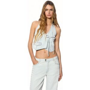 Pull&Bear Open-Back Denim Top (Size: XS) Pale blue female