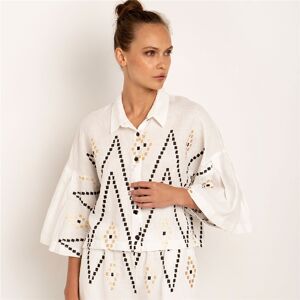 Kori Blouse Linen Embroidered With Fluted Sleeves In Off White