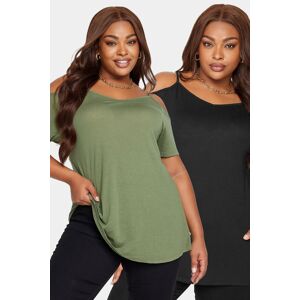 Yours Curve 2 Pack Black & Khaki Green Cold Shoulder Tshirts, Women's Curve & Plus Size, Yours Black 22-24 Female