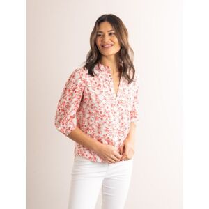 Lakeland Leather Clemmie Floral Print Nehru Button Down Blouse in White and Coral - Pink