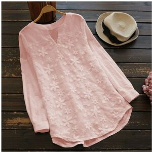 DINAMR (Pink, L) Womens Blouse Lace Floral Loose Long Sleeve Casual T Shirt Tops Cotton