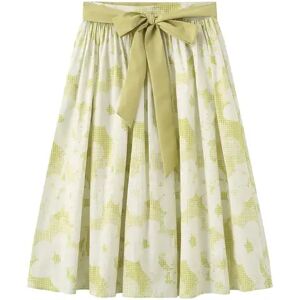 Cubic Plaid and Floral A-line Midi Cotton Skirt Green S female