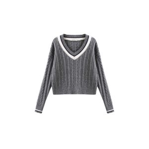 Cubic Preppy V-Neck Cable Knit Sweater Dim Gray UN female