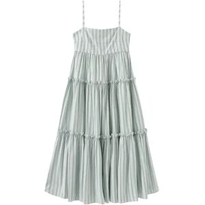 Cubic Strap Striped Cake Dress Green S female