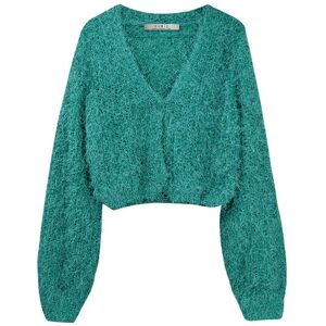 Cubic Cropped V-neck Fluffy Knit Cardigan Dark Cyan UN female