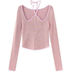 Cubic Chest Cut Out Striped Long Sleeve Top Pink S female