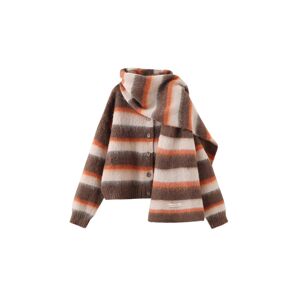 Cubic Striped Color Block Wool Knit Cardigan With Scarf Coffee UN female