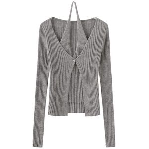 Cubic Ribbed Knit Single Button Cardigan Gray UN female