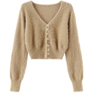 Cubic Fluffy Cropped Knit Cardigan Khaki M female