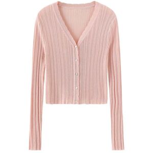 Cubic V-Neck Pleated Thin Knit Cardigan Pink UN female