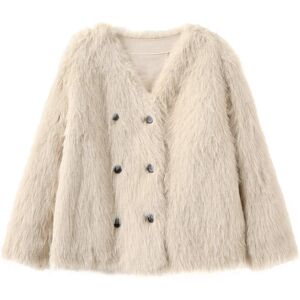 Cubic V-Neck Double Breasted Short Furry Coat Khaki S female