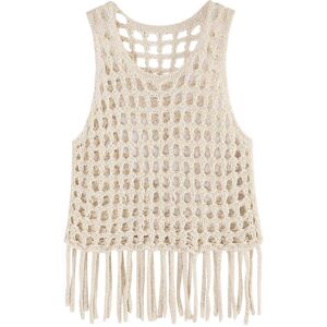 Cubic Fringed Open Knit Vest Beige UN female