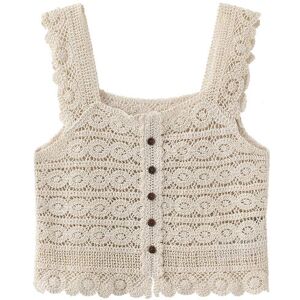 Cubic Hollowed Out Crochet Knit Tank Top Beige UN female