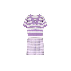 Cubic Cropped Striped Knit Top and Mini Skirt Purple S-Top female