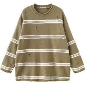 Cubic Round Neck Striped Distressed Knit Sweater Khaki UN female