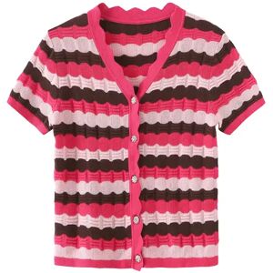 Cubic Short Sleeve Striped Knit Cardigan Crimson S female