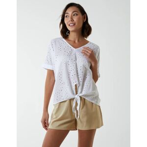 Blue Vanilla Broderie Batwing Knot Front Top - S / WHITE - female