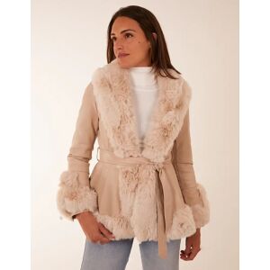 Blue Vanilla Faux Fur PU Coat With Belt - 16 / CREAM - female