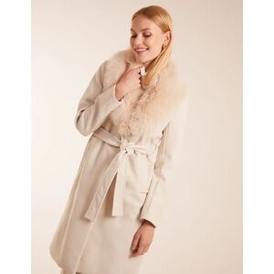 Blue Vanilla Faux Fur Collared Belted Coat - 10 / STONE - female