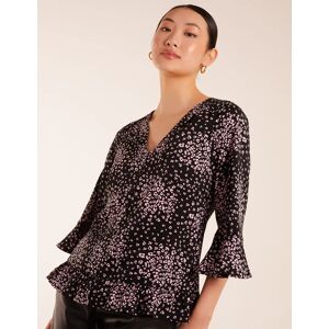 Blue Vanilla Button Front V Neck Flounce Blouse - 10 / BLACK - female