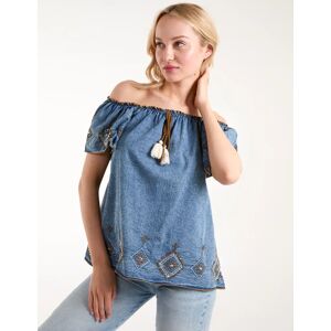 Blue Vanilla Denim Embroidered Bardot Top - S / Light Denim - female