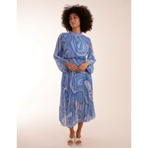 Blue Vanilla Swirl Print High Neck Pleated Dress - L / BLUE - female