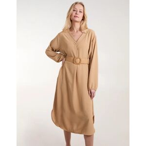 Blue Vanilla V Neck Long Sleeve Dress With Belt - S/M / Camel - female