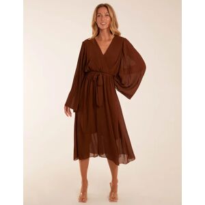 Blue Vanilla Wrap Front Pleated Sleeve Midi Dress - S/M / CHOCOLATE - female