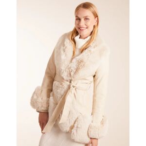 Blue Vanilla Faux Fur Collar PU Belted Coat - 10 / STONE - female