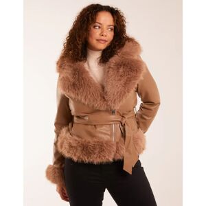 Blue Vanilla Faux Fur Cropped Leather Look Jacket - 14 / LIGHT BROWN - female