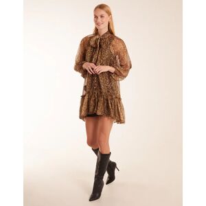 Blue Vanilla Leopard Print Pussy Bow Frill Shirt Dress - ONE / BROWN - female