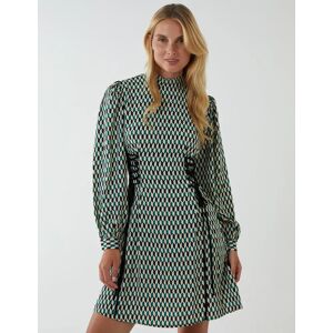 Blue Vanilla Geometric Print Lace Side Waist High Neck Dress - 8 / GREEN - female