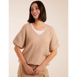 Blue Vanilla Puff Sleeve V-Neck Knit Top - S/M / BEIGE - female