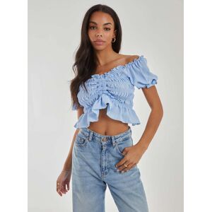 Pink Vanilla Ruched Puff Sleeve Frill Trim Top  - L  - Blue