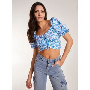 Pink Vanilla Tie Detail Puff Sleeve Crop Top  - S  - Blue