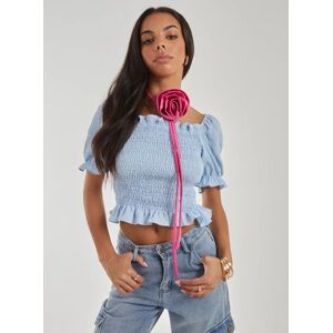 Pink Vanilla Puff Sleeve Tie Top  - S  - LIGHT BLUE