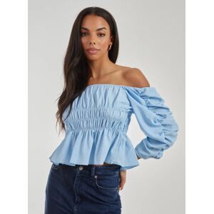 Pink Vanilla Shirred Detail Puff Sleeve Crop Top  - S  - Blue