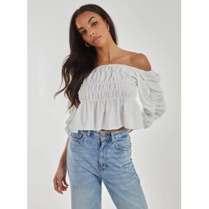 Pink Vanilla Shirred Detail Puff Sleeve Crop Top  - L  - White