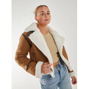 Pink Vanilla Faux Shearling Collar Zip Jacket  - L  - Tan