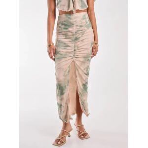 Pink Vanilla Tie Dye Ruched Split Maxi Skirt  - M  - KHAKI