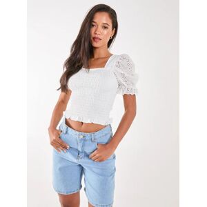 Pink Vanilla Shirred Puff Sleeve Broderie Top  - S/M  - Ivory